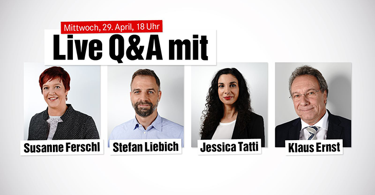 Ankündigung eines Live-Q&As mit Susanne Ferschl, Stefan Liebich, Jessica Tatti und Klaus Ernst