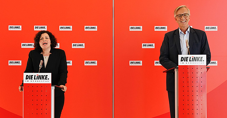 Amira Mohamed Ali und Dietmar Bartsch beim Pressestatement