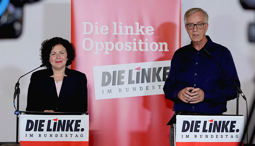 Klausur in Leipzig: Amira Mohamed Ali und Dietmar Bartsch beim Pressestatement Klausur in Leipzig: Amira Mohamed Ali und Dietmar Bartsch beim Pressestatement